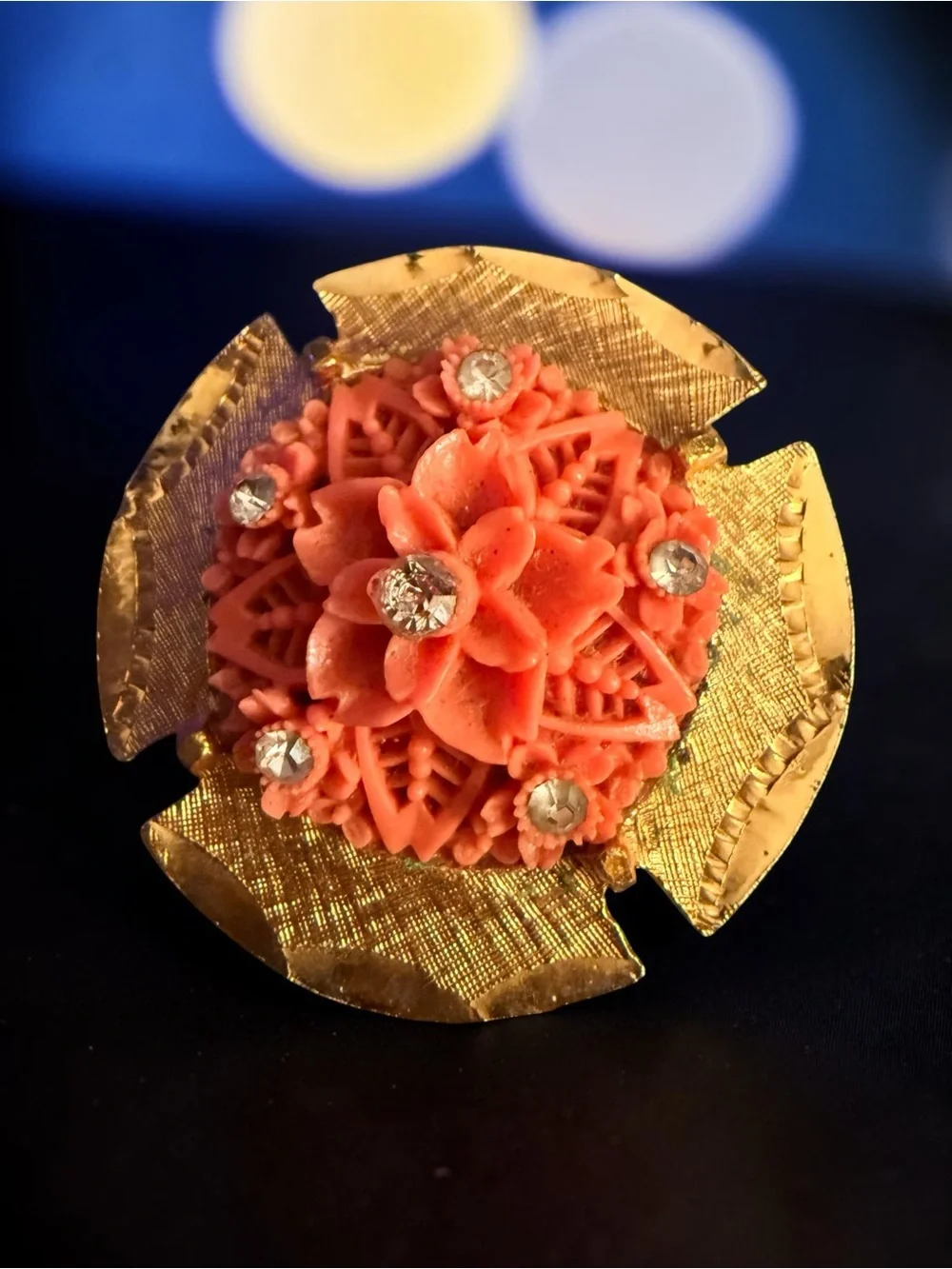 Vintage Coral-Orange Floral Brooch • Gold-Tone Statement Pin • Rhinestone Accent